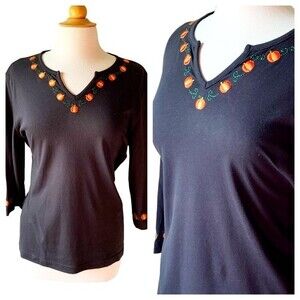 Vintage Embroidered Pumpkin Halloween V-Neck Shirt Top - Large